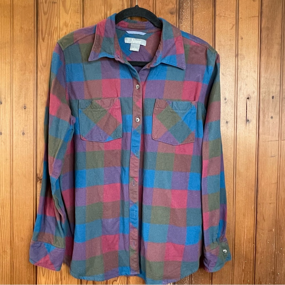 ⭐️Colorful Plaid Button-Up Shirt Large 100% Cotton